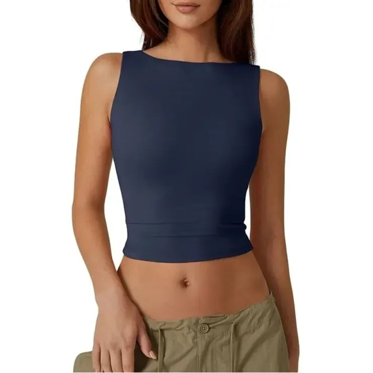 Women's Sexy Open Back Sleeveless Crop Tank High Neck Slim Fit Cropped Tee Shirt Y2k Tops Comfort Fabric