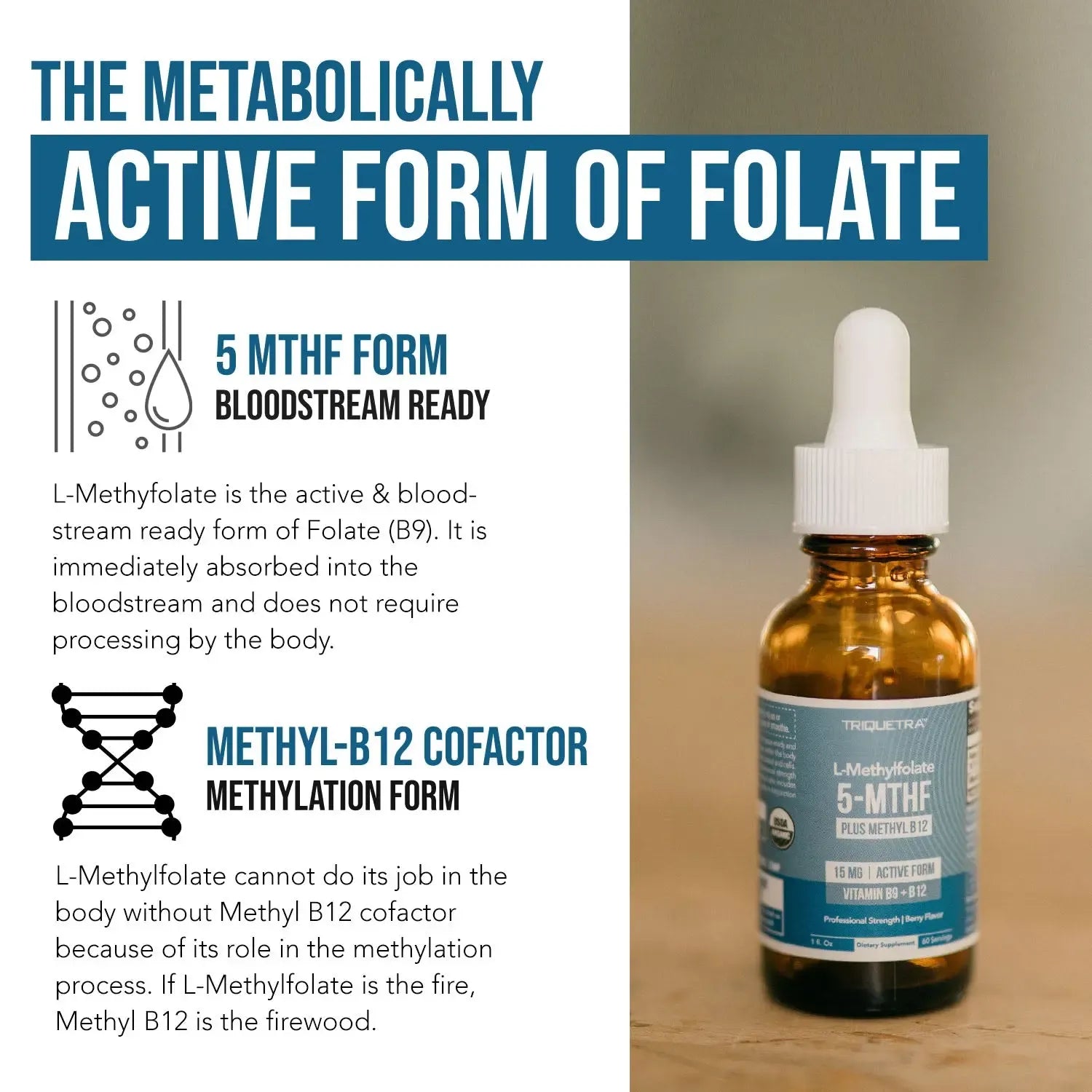 L- Methylfolate 15mg + B12 Pro Strength, Liquid 5-MTHF Form, Supports Mood, Methylation, & Cognition Supplement Energy Levels Vitamin Methylcobalamin