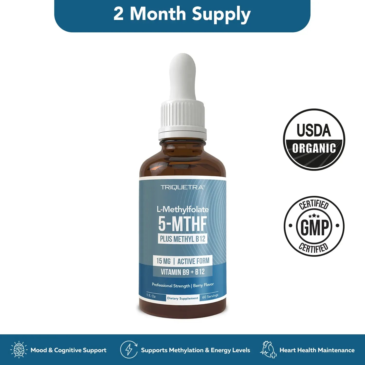 L- Methylfolate 15mg + B12 Pro Strength, Liquid 5-MTHF Form, Supports Mood, Methylation, & Cognition Supplement Energy Levels Vitamin Methylcobalamin