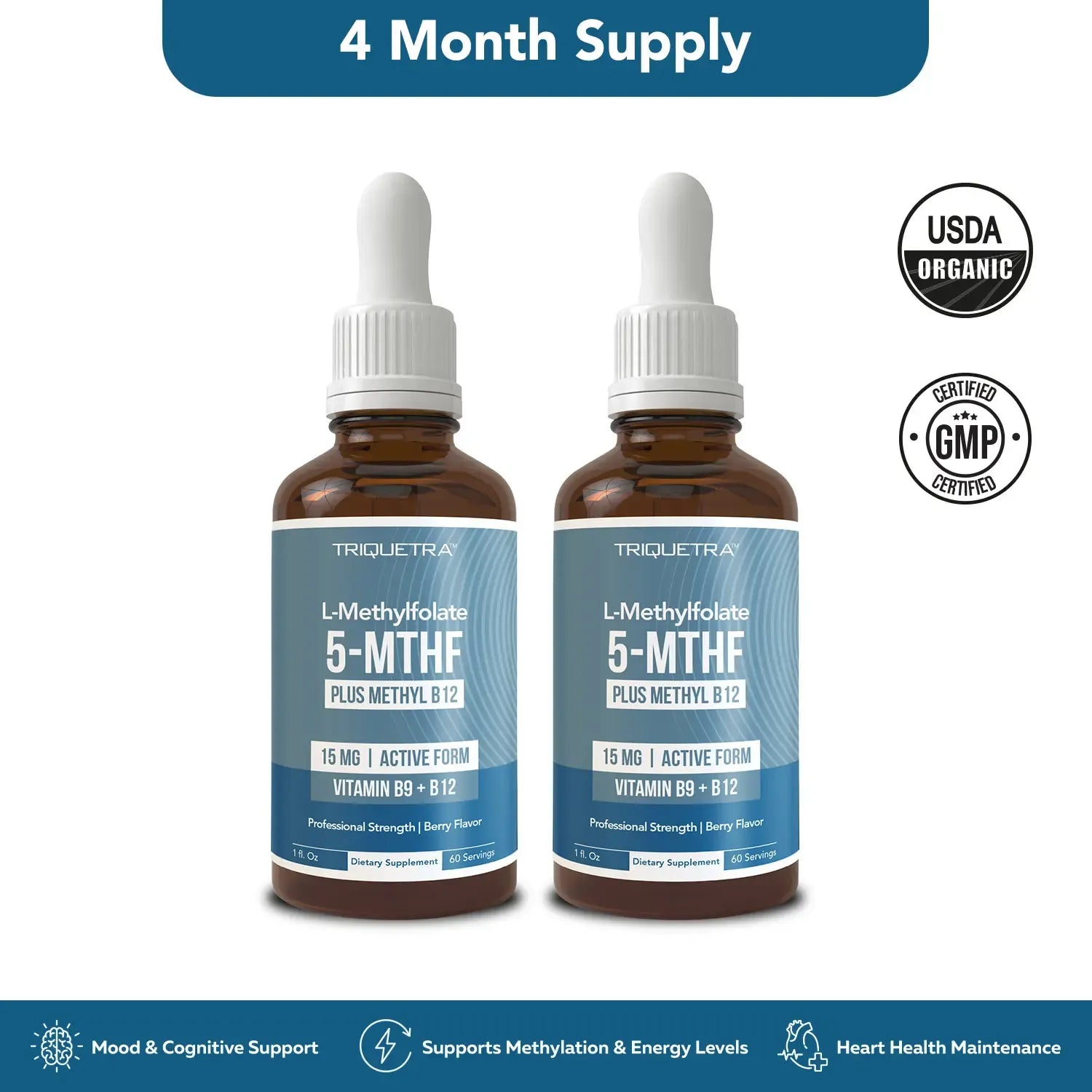L- Methylfolate 15mg + B12 Pro Strength, Liquid 5-MTHF Form, Supports Mood, Methylation, & Cognition Supplement Energy Levels Vitamin Methylcobalamin