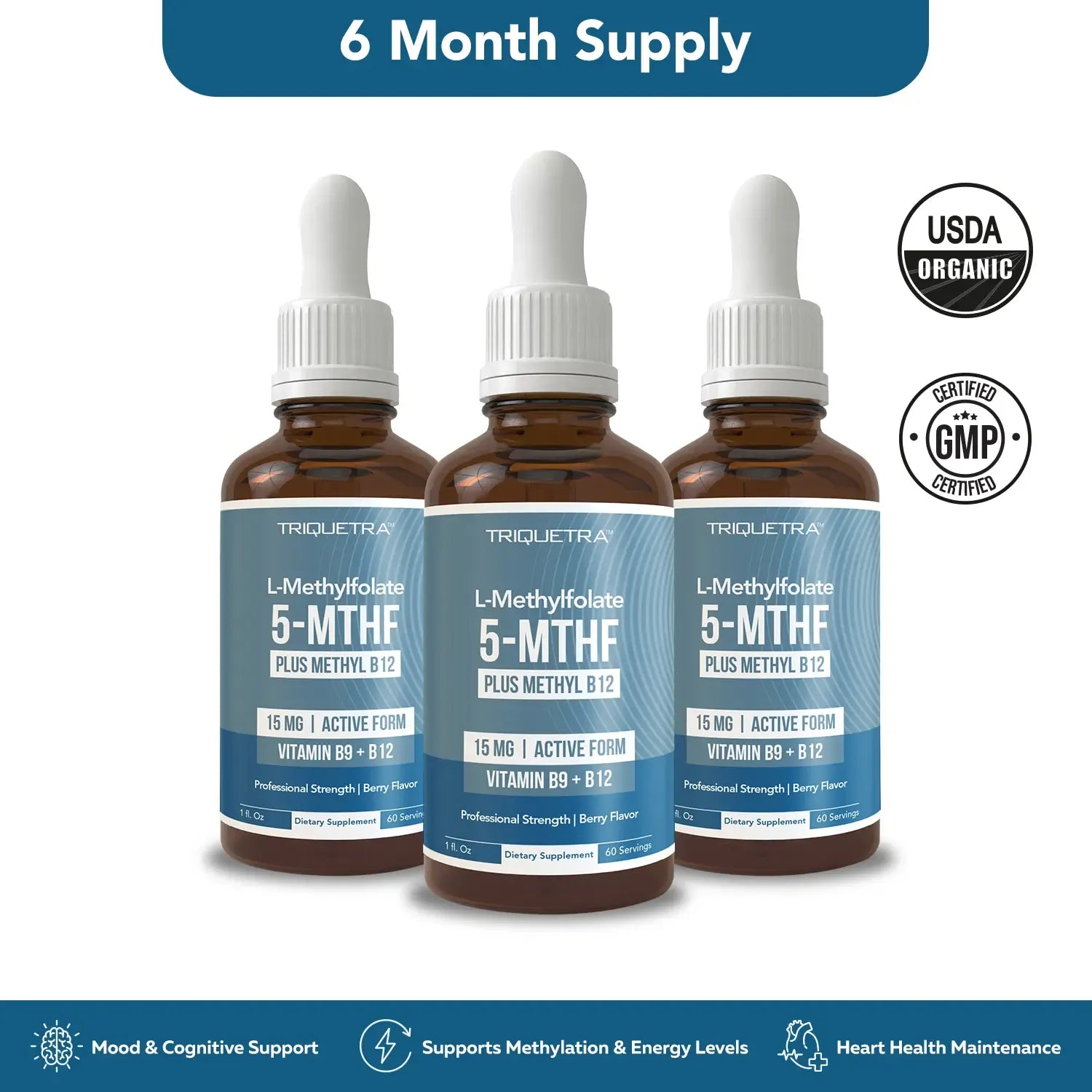 L- Methylfolate 15mg + B12 Pro Strength, Liquid 5-MTHF Form, Supports Mood, Methylation, & Cognition Supplement Energy Levels Vitamin Methylcobalamin
