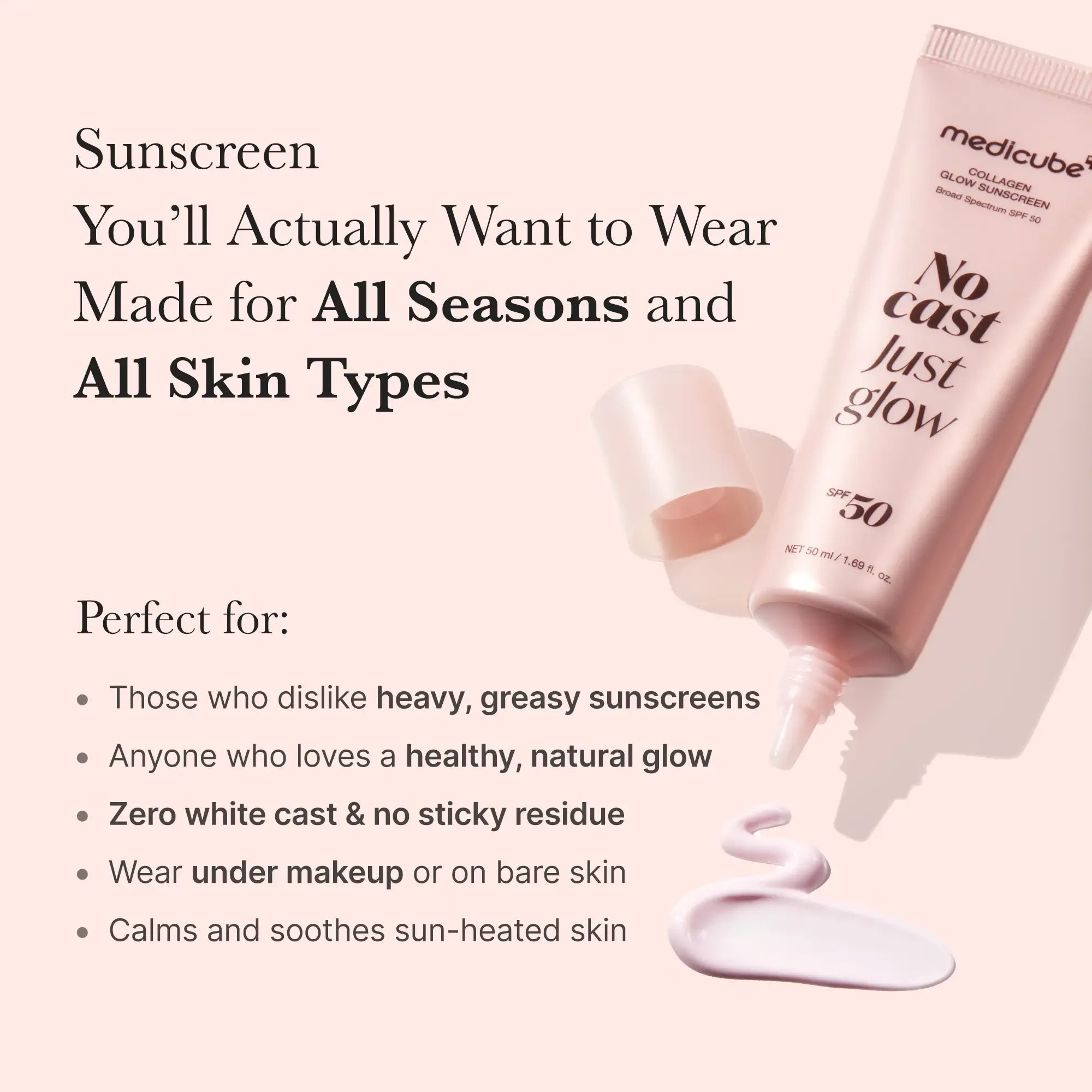 [medicube] No Cast Just Glow Collagen Sunscreen | SPF 50 Broad Spectrum Face Sunscreen | Lightweight, Non-Sticky, Hydrating Formula | No White Cast or Residue | Peptide, Cica for Soothing & Natural Glow