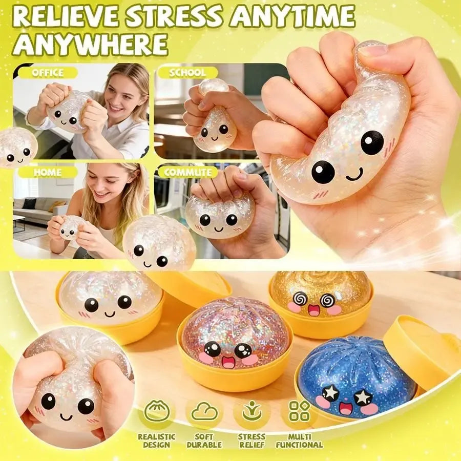 Glitter Dumpling Squishy with Box, Soft Sensory Squeeze Toy for Stress Relief, Mystery Glitter Dumplings, Decompression Dough