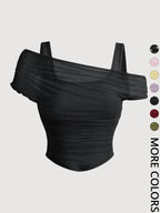 Women's Asymmetric Neckline Ruched Crop Top, Trendy Womenswear Mesh Top for Club, Date Night & Vacation
