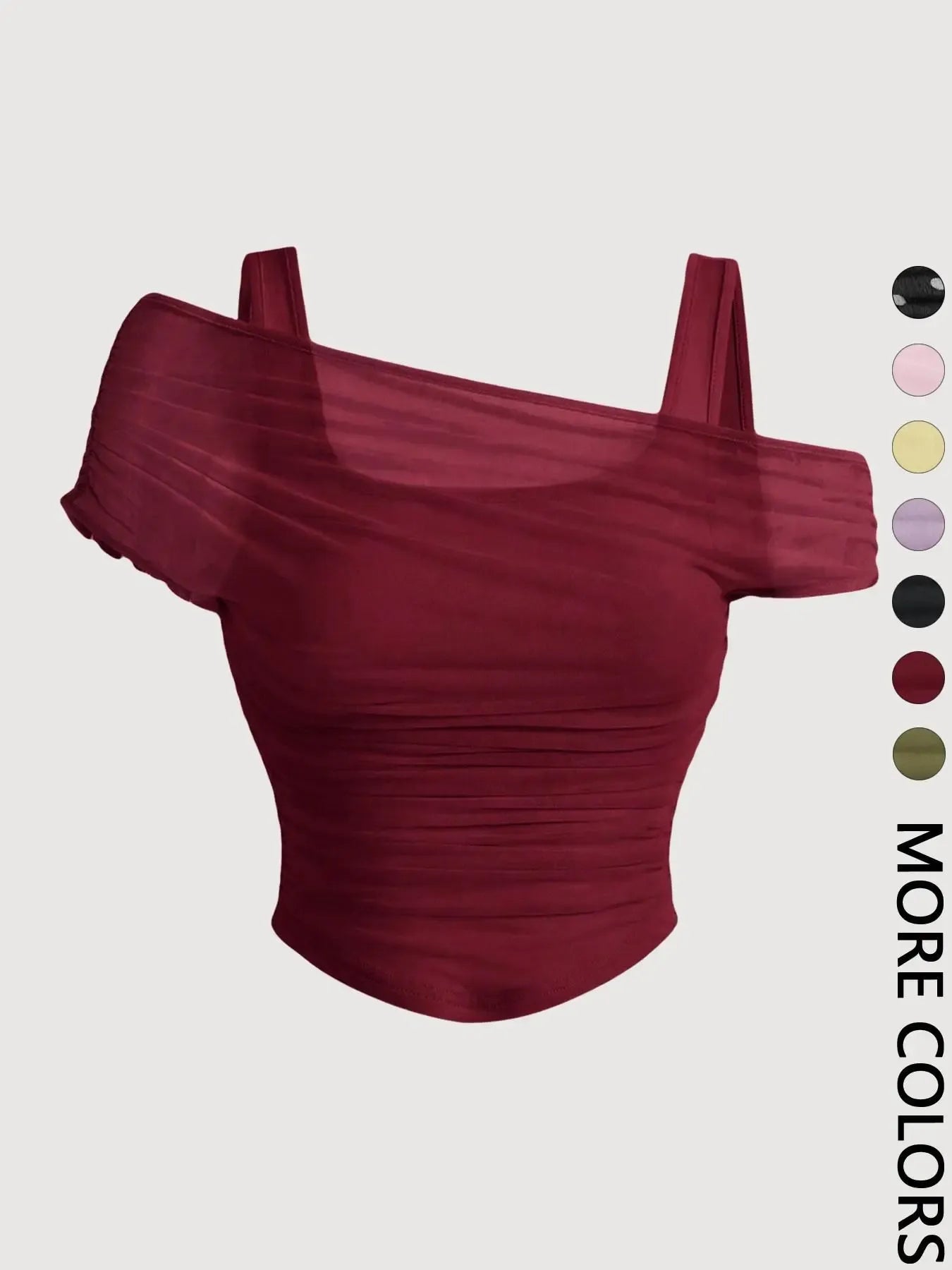 Women's Asymmetric Neckline Ruched Crop Top, Trendy Womenswear Mesh Top for Club, Date Night & Vacation