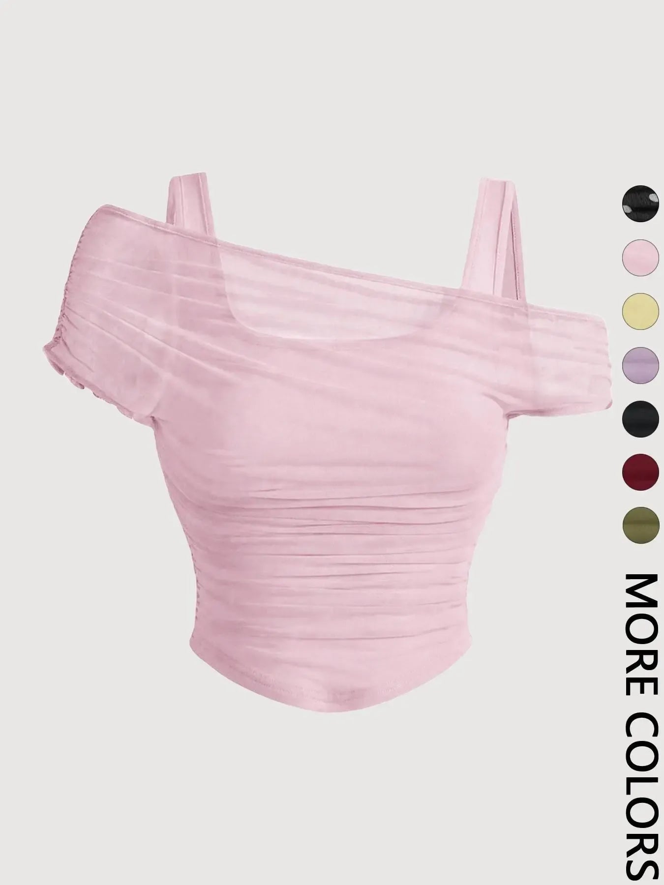 Women's Asymmetric Neckline Ruched Crop Top, Trendy Womenswear Mesh Top for Club, Date Night & Vacation