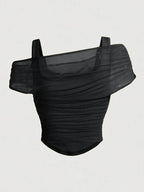 Women's Asymmetric Neckline Ruched Crop Top, Trendy Womenswear Mesh Top for Club, Date Night & Vacation