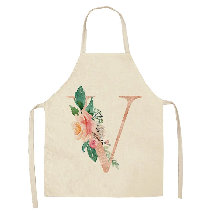 1Pcs Pink Letter Flower Kitchen Aprons for Women Cotton Linen Bibs Household Cleaning Pinafore Home Cooking Apron