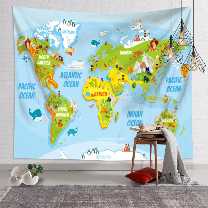Animals World Map Tapestry Wall Hanging Large Kids Educational Landmarks World Map Tapestry Kindergarten Children's Room Decor