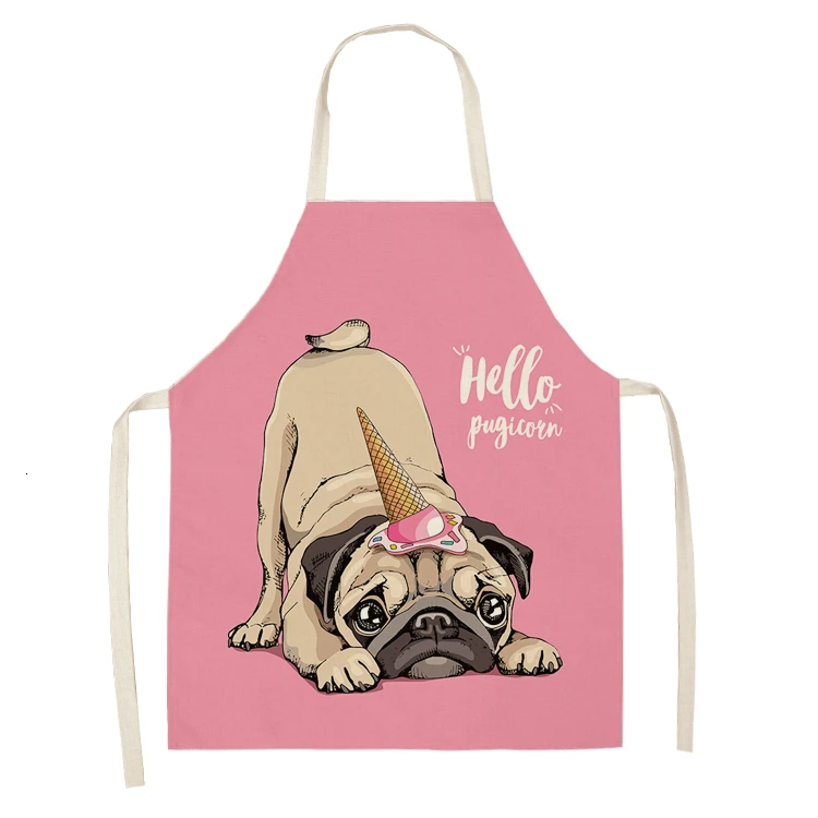 Cute Dog Pug Pattern Cotton Linen Sleeveless Chef Apron Kitchen Aprons Women Home Cooking Baking Waist Bib Pinafore