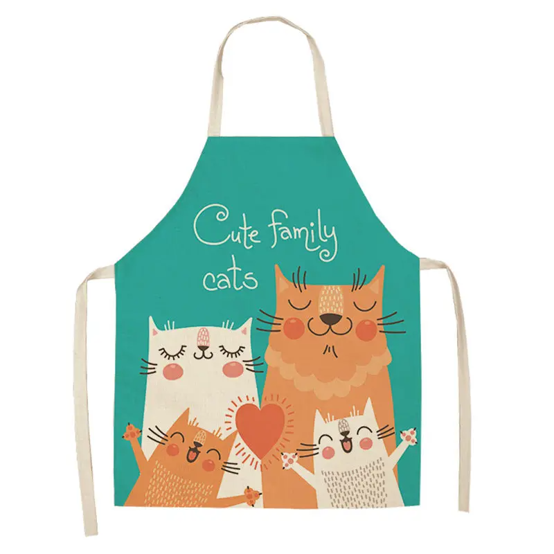 1Pc Kitchen Apron Cute Cartoon Cat Printed Sleeveless Cotton Linen Chef Aprons for Men Women Home Cleaning Tools