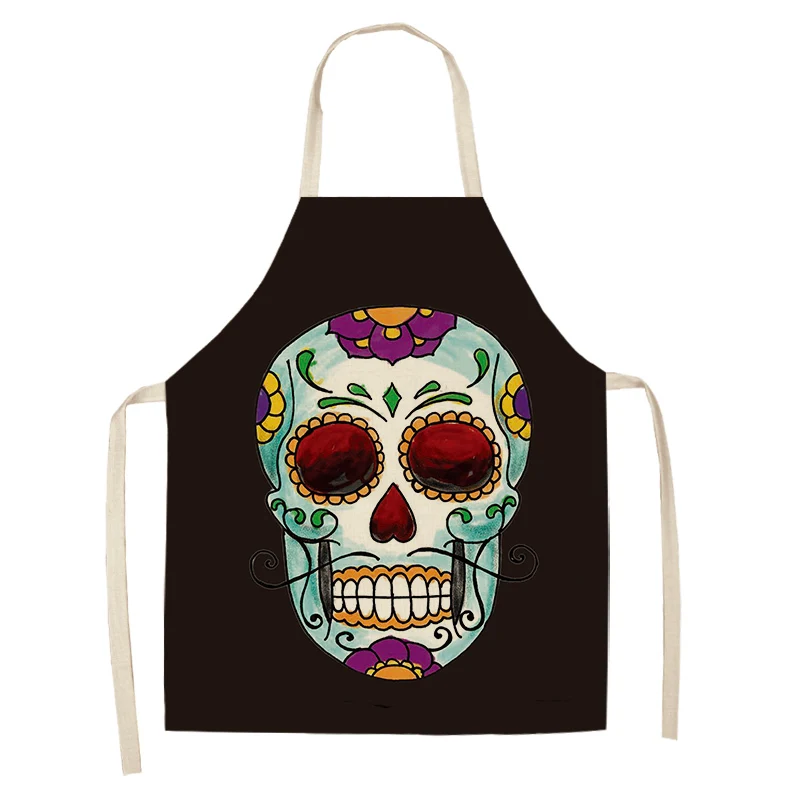 Skull Pattern Kitchen Apron for Cooking Sleeveless Cotton Linen Aprons Adult Bibs Home Cleaning Accessories