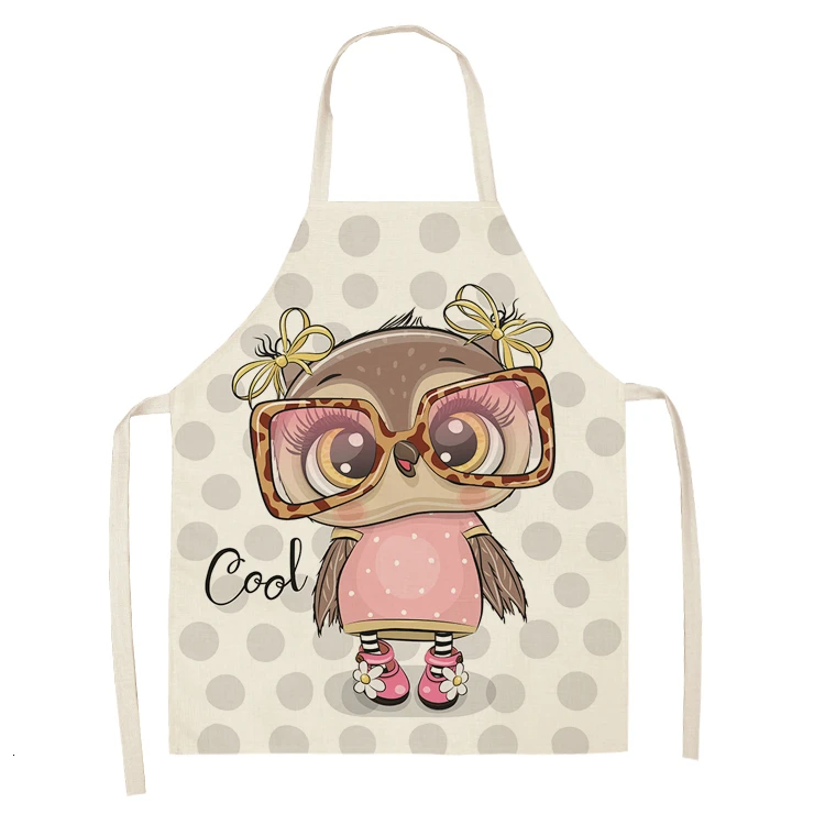 1Pcs Owl Sleeveless Chef Apron Cotton Linen Flower Printed Kitchen Brief Pinafore Women Home Cooking Baking Waist Bib