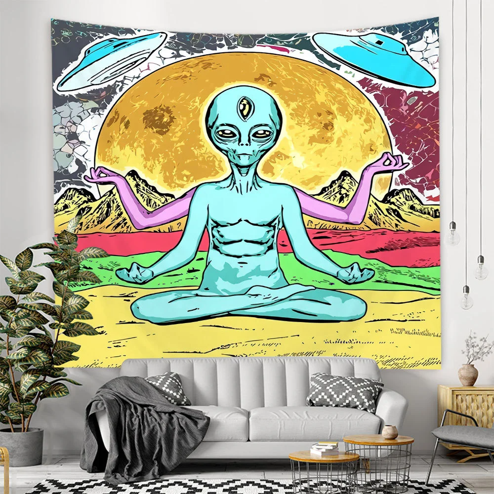 Alien Black Tapestry Cartoon Illustration Hippie Art Mushroom Eye Wall Hanging Tapestries for Living Room Home Dorm Decor Cloth