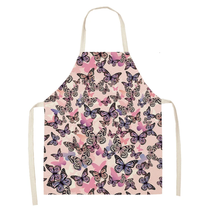1PC Cotton Baking Waist Bib Linen Flower Butterfly Printed Kitchen Sleeveless Chef Apron Women Home Cooking Pinafore