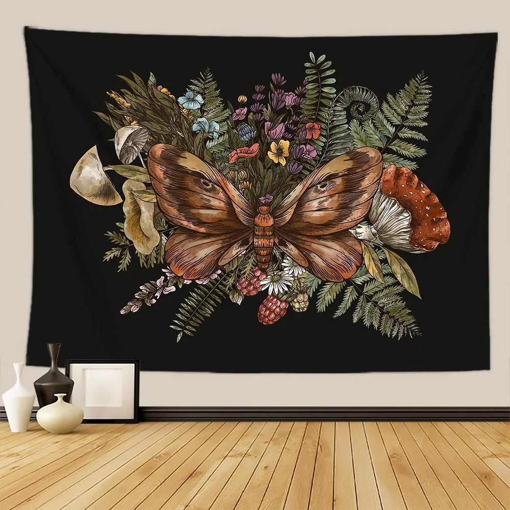 Botanical Print Floral Tapestry Wall Hanging Mushroom Tapestry Vintage Boho Wildflower Vegetable Tapestry Colorful Home Decor