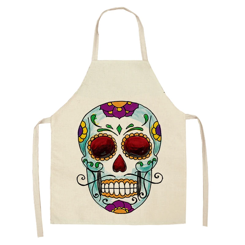 Skull Pattern Kitchen Apron for Cooking Sleeveless Cotton Linen Aprons Adult Bibs Home Cleaning Accessories