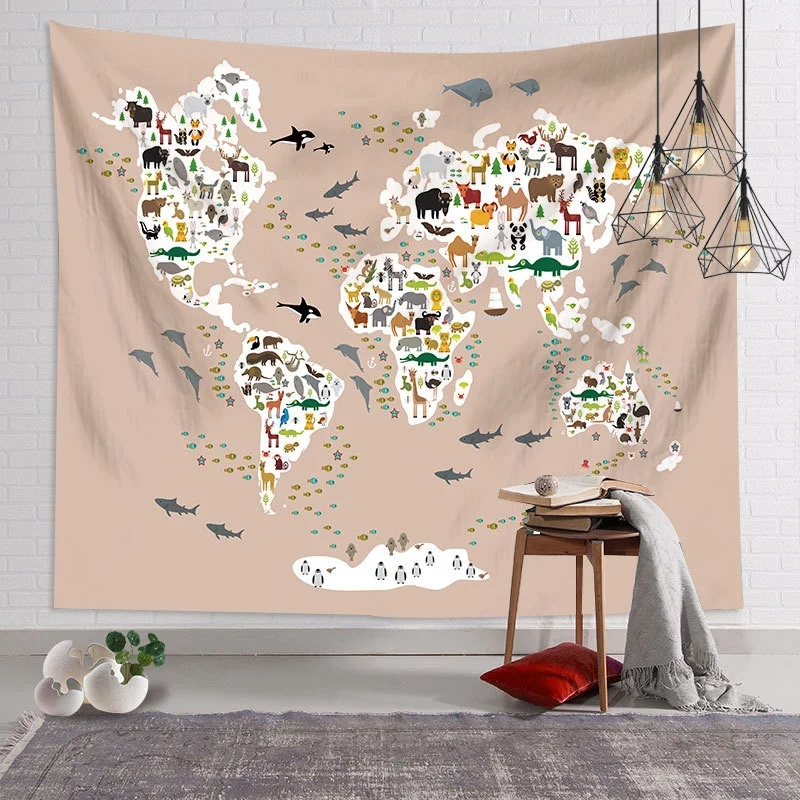 Animals World Map Tapestry Wall Hanging Large Kids Educational Landmarks World Map Tapestry Kindergarten Children's Room Decor