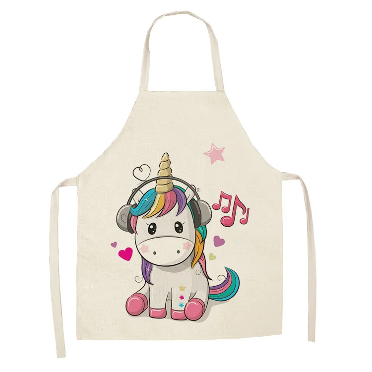 Parent-child Kitchen Apron Cartoon Rainbow Unicorn Printed Sleeveless Cotton Linen Aprons for Men Women Home Cleaning Tools