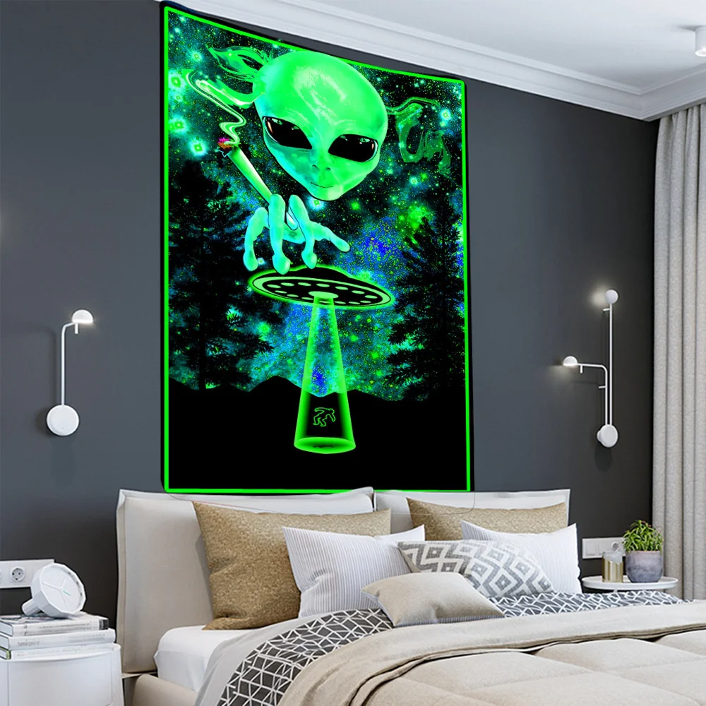 Alien Black Tapestry Cartoon Illustration Hippie Art Mushroom Eye Wall Hanging Tapestries for Living Room Home Dorm Decor Cloth