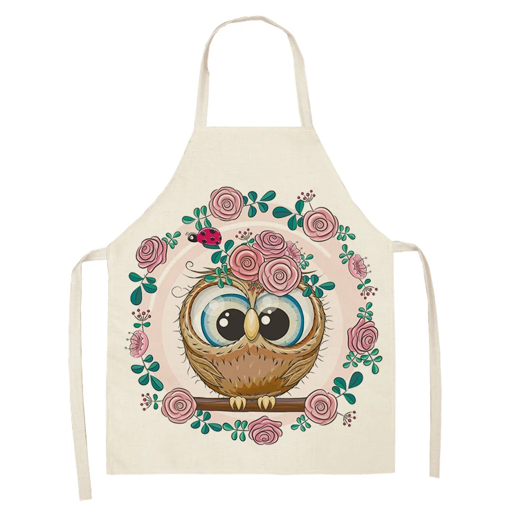 1Pcs Owl Sleeveless Chef Apron Cotton Linen Flower Printed Kitchen Brief Pinafore Women Home Cooking Baking Waist Bib