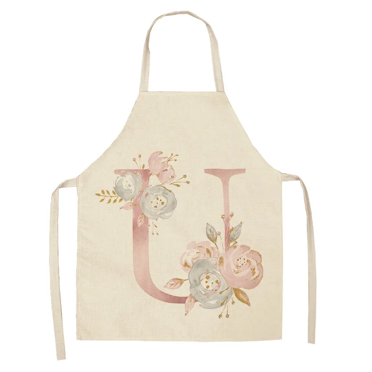 1Pc Pink Letter Flower Cotton Linen Chef Aprons Home Cooking Baking Coffee Shop Cleaning Apron Kitchen Accessories