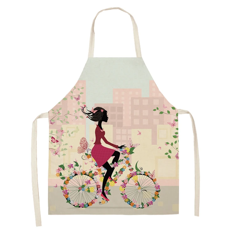1Pc Cotton Linen Flower Butterfly Girl Printed Kitchen Aprons for Women Home Cooking Baking Waist Bib Pinafore