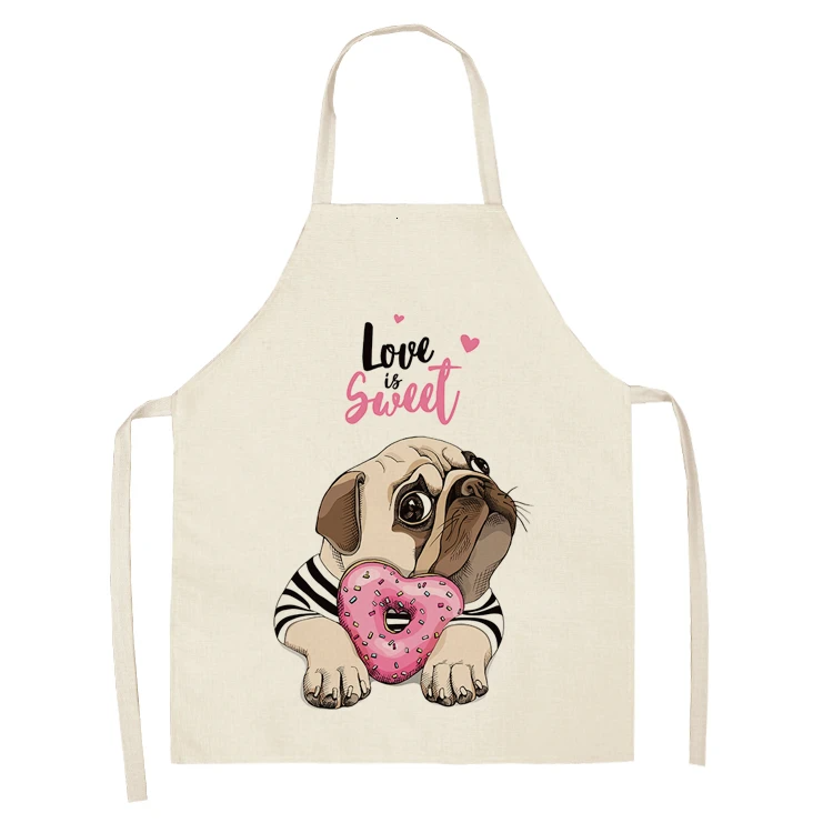 Cute Dog Pug Pattern Cotton Linen Sleeveless Chef Apron Kitchen Aprons Women Home Cooking Baking Waist Bib Pinafore