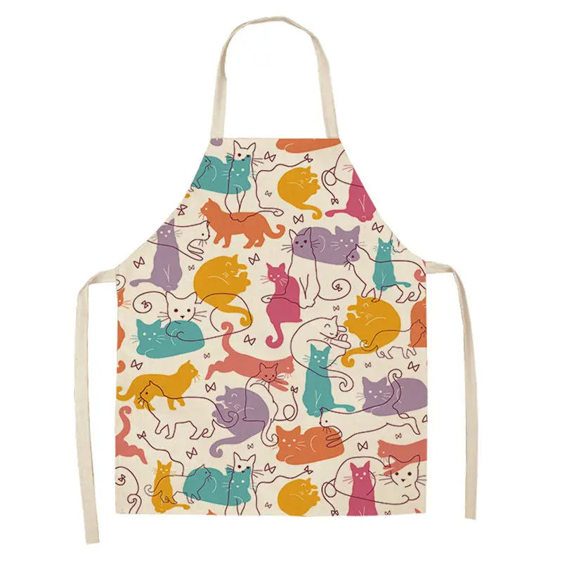 1Pc Kitchen Apron Cute Cartoon Cat Printed Sleeveless Cotton Linen Chef Aprons for Men Women Home Cleaning Tools