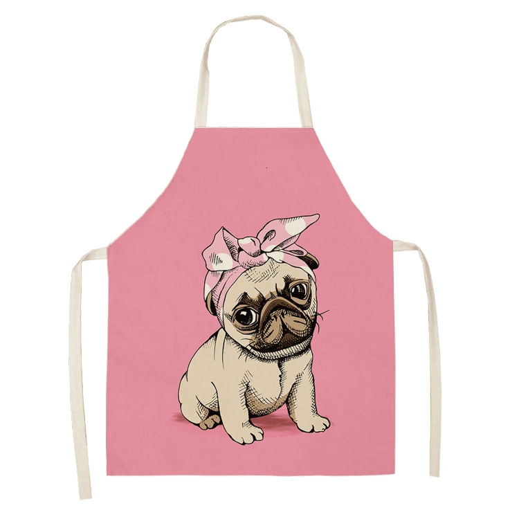 Cute Dog Pug Pattern Cotton Linen Sleeveless Chef Apron Kitchen Aprons Women Home Cooking Baking Waist Bib Pinafore