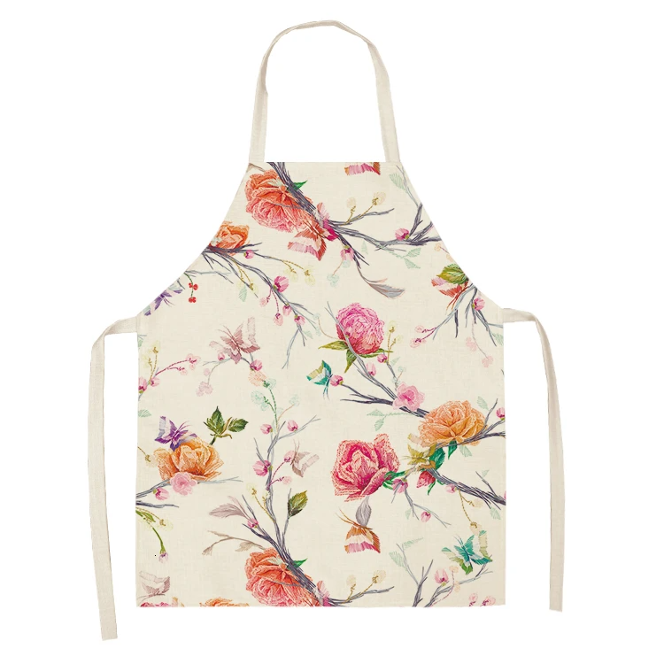 1PC Cotton Baking Waist Bib Linen Flower Butterfly Printed Kitchen Sleeveless Chef Apron Women Home Cooking Pinafore
