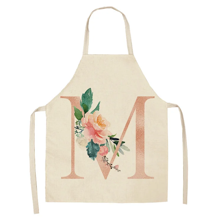 1Pcs Pink Letter Flower Kitchen Aprons for Women Cotton Linen Bibs Household Cleaning Pinafore Home Cooking Apron