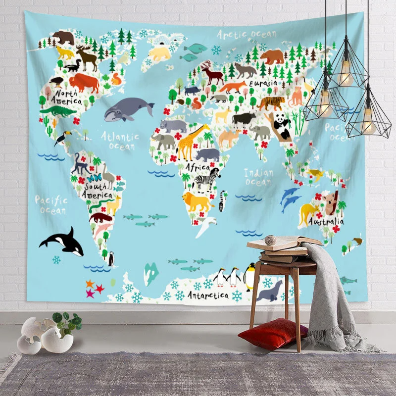 Animals World Map Tapestry Wall Hanging Large Kids Educational Landmarks World Map Tapestry Kindergarten Children's Room Decor