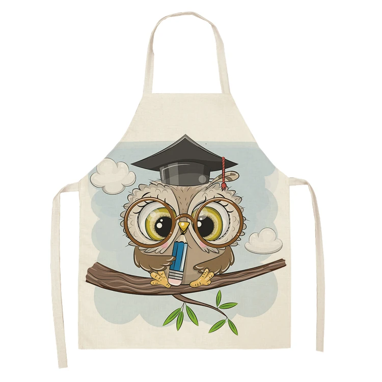 1Pcs Owl Sleeveless Chef Apron Cotton Linen Flower Printed Kitchen Brief Pinafore Women Home Cooking Baking Waist Bib