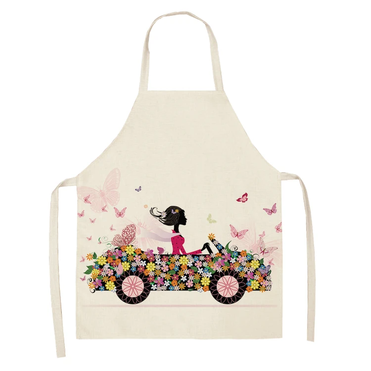 1Pc Cotton Linen Flower Butterfly Girl Printed Kitchen Aprons for Women Home Cooking Baking Waist Bib Pinafore
