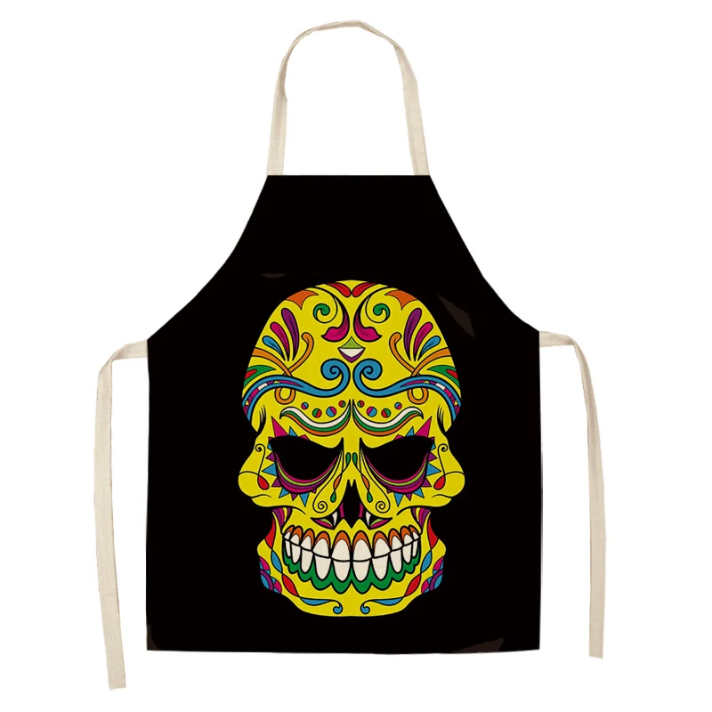 Skull Pattern Kitchen Apron for Cooking Sleeveless Cotton Linen Aprons Adult Bibs Home Cleaning Accessories
