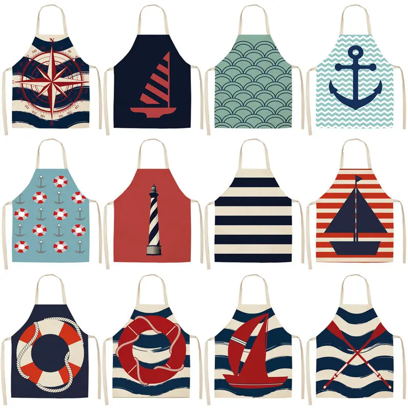 Marine Anchor Nautical Ocean Pattern Kitchen Apron for Woman Cotton Linen Aprons Home Cooking Baking Bibs
