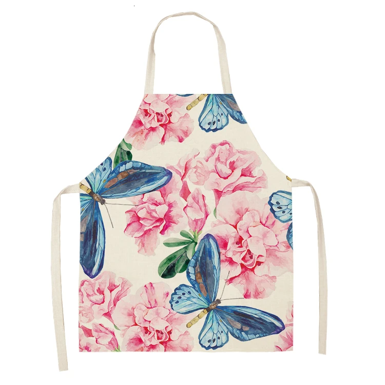 1PC Cotton Baking Waist Bib Linen Flower Butterfly Printed Kitchen Sleeveless Chef Apron Women Home Cooking Pinafore