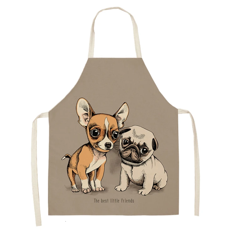 Cute Dog Pug Pattern Cotton Linen Sleeveless Chef Apron Kitchen Aprons Women Home Cooking Baking Waist Bib Pinafore