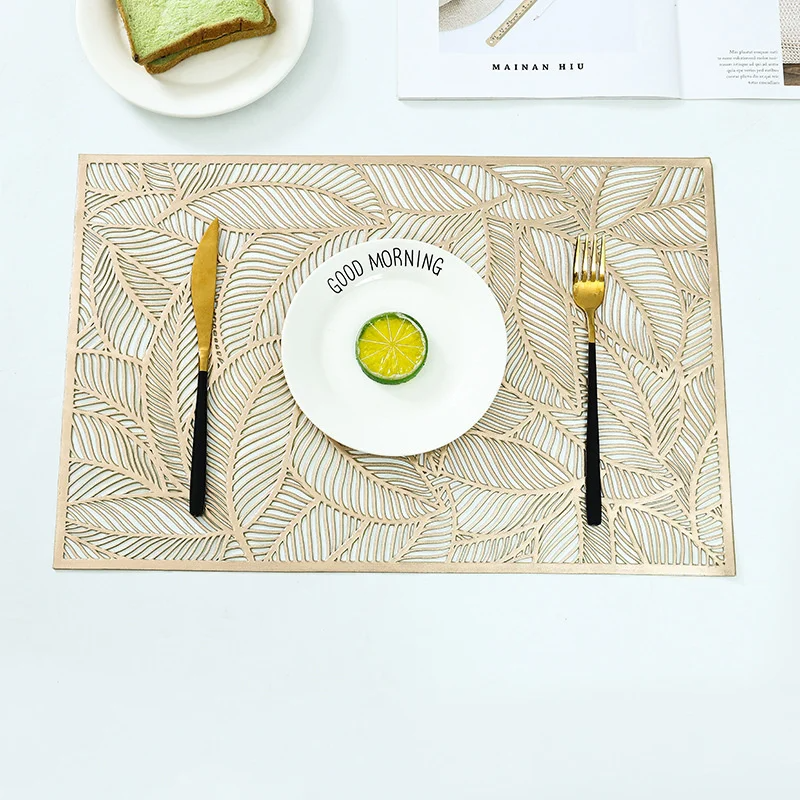 Set of 2/4 Placemat Golden Rectangle Table Mat for Dining Tables Wipeable Leaf Hollow Insulation PVC placemats Home Modern