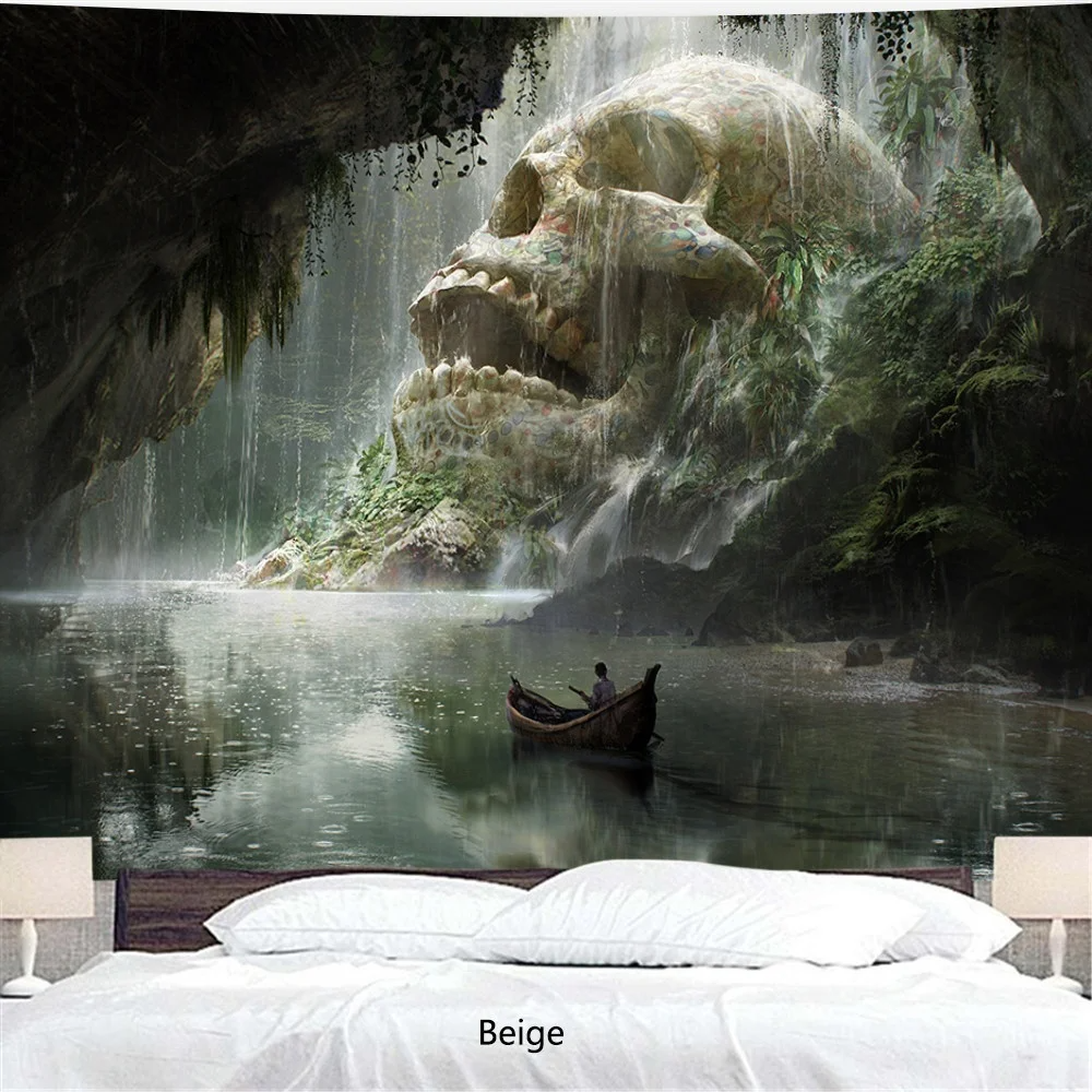 Natural Skull Head Water Spray Waterfall 3D Printing Tapestry Wall Home Decoration Wall Background Cloth