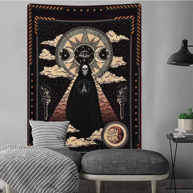 Sun Moon Black Skull Tapestry Wall Hanging Ancient Wall Tapestry Witchcraft Hippie Tapestry Wall Carpets Psychedelic Tapestry