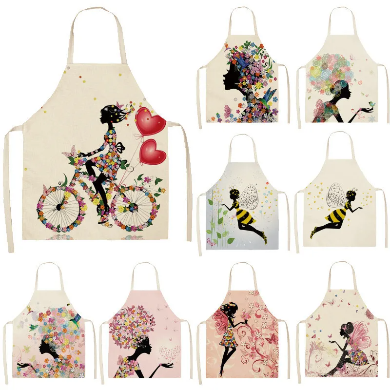 1Pc Cotton Linen Flower Butterfly Girl Printed Kitchen Aprons for Women Home Cooking Baking Waist Bib Pinafore