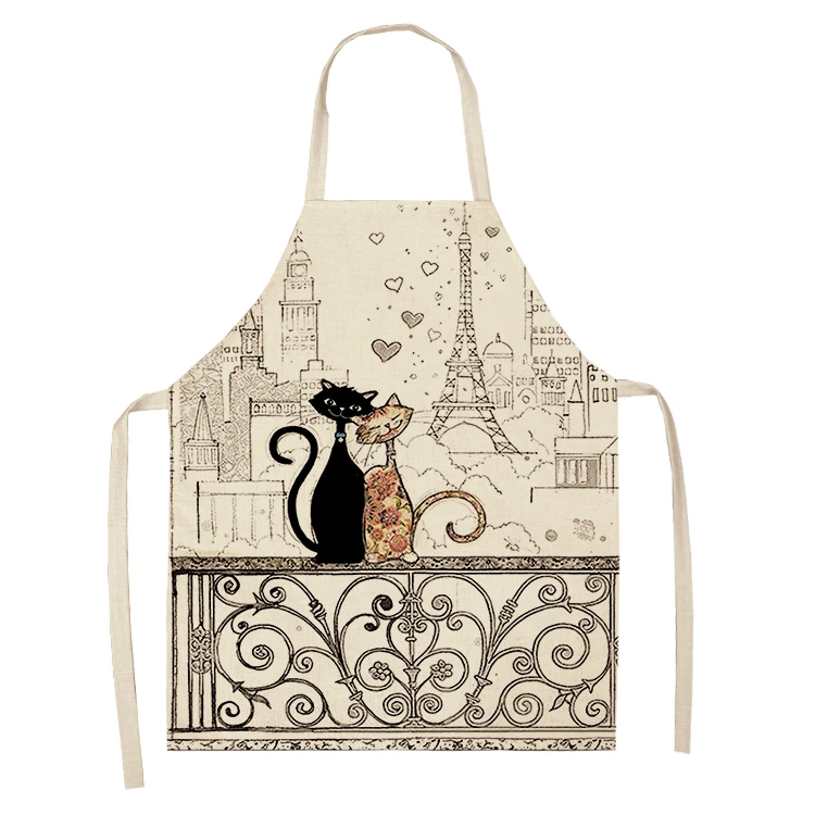 Black White Cat Letter Kitchen Aprons For Women Cotton Linen Bibs Household Cleaning Pinafore Home Cooking Apron 55x68cm