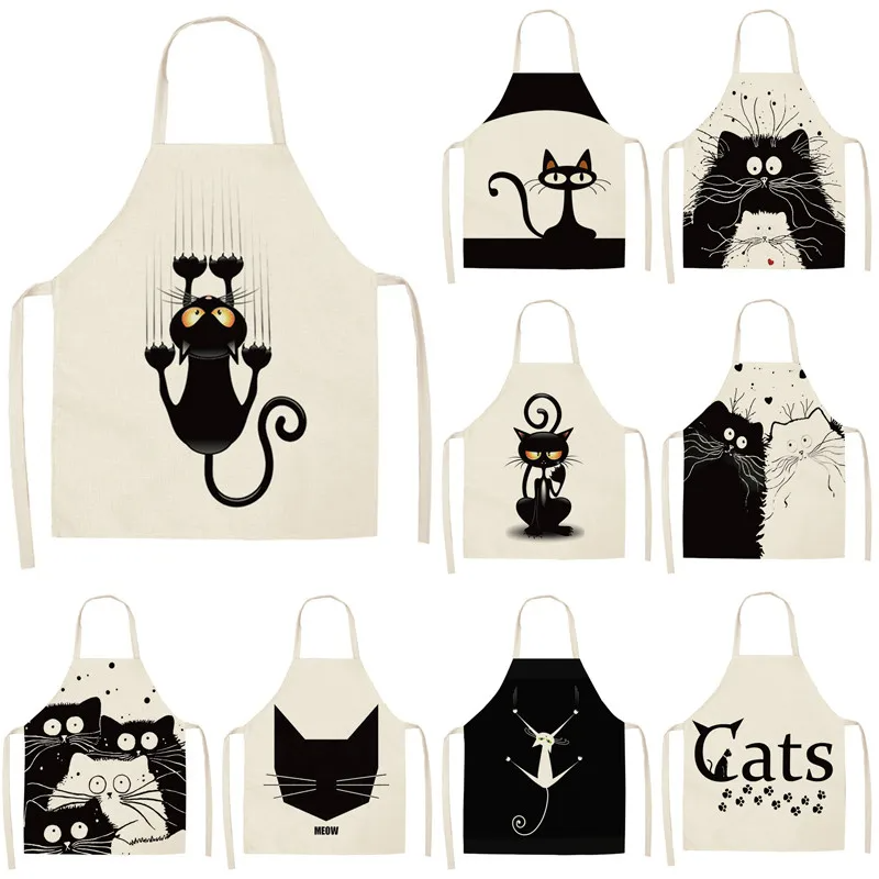 1Pcs Kitchen Apron Cute Cartoon Cat Printed Sleeveless Cotton Linen Aprons for Men Women Home Cleaning Tools
