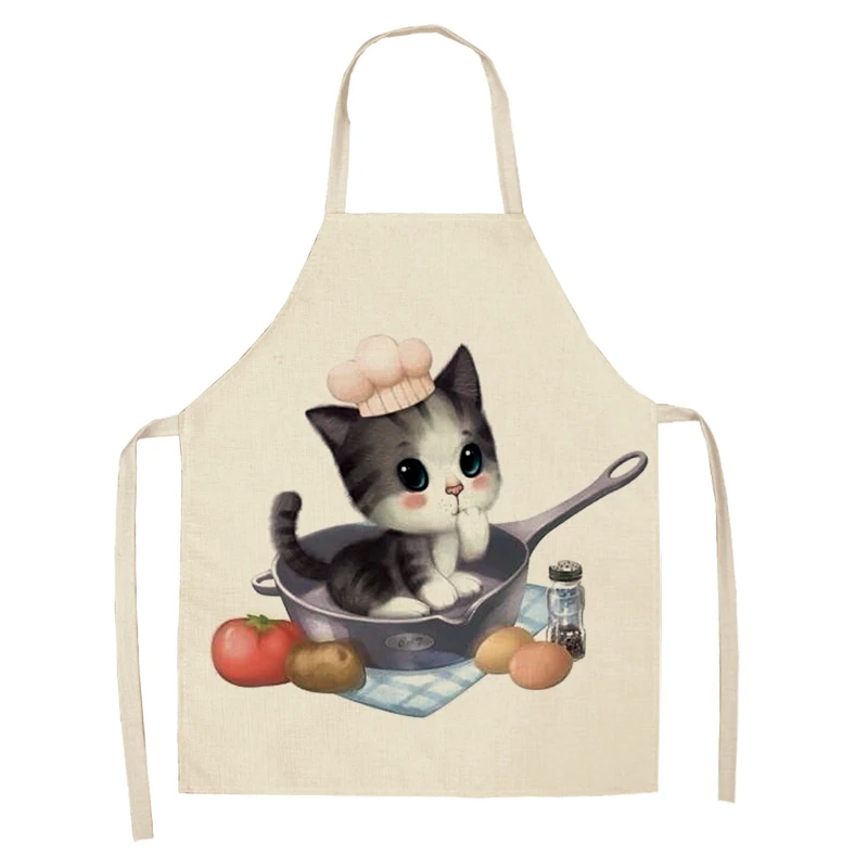 Chef Kitchen Apron for Woman Cute Cartoon Cat Printed Sleeveless Cotton Linen Aprons For Cooking Home Cleaning Tools