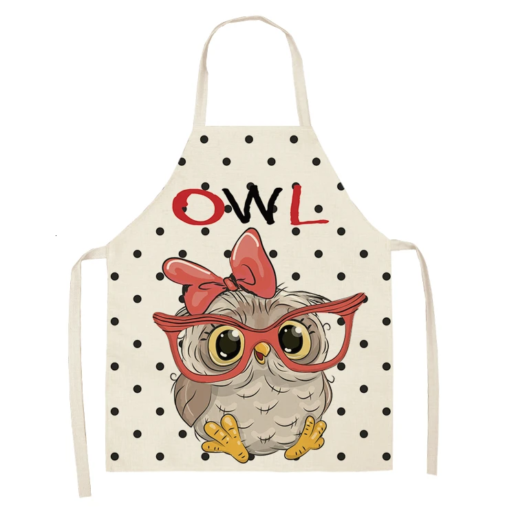 1Pcs Owl Sleeveless Chef Apron Cotton Linen Flower Printed Kitchen Brief Pinafore Women Home Cooking Baking Waist Bib