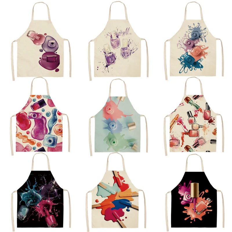 1 Pcs Kitchen Apron Color Nail Polish Bottle Printed Sleeveless Cotton Linen Aprons Men Women Home Cleaning Tools