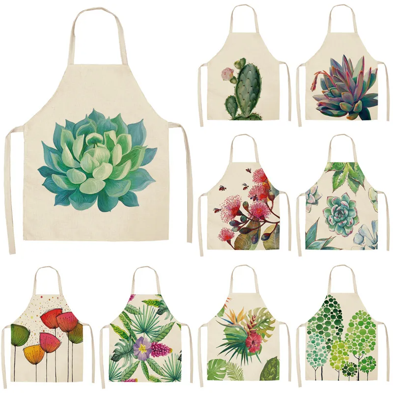 1Pc Succulent Plants Green Leaves Pattern Kitchen Chef Aprons Home Cooking Baking Shop Cotton Linen Cleaning Apron