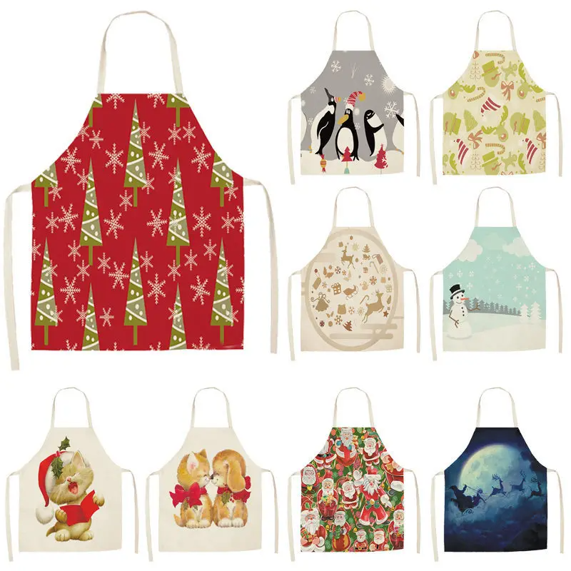 1pc Christmas Linen Apron Santa Claus Pinafores Cotton Linen Aprons 55x68cm Woman Adult Bibs for Home Kitchen Cooking Baking